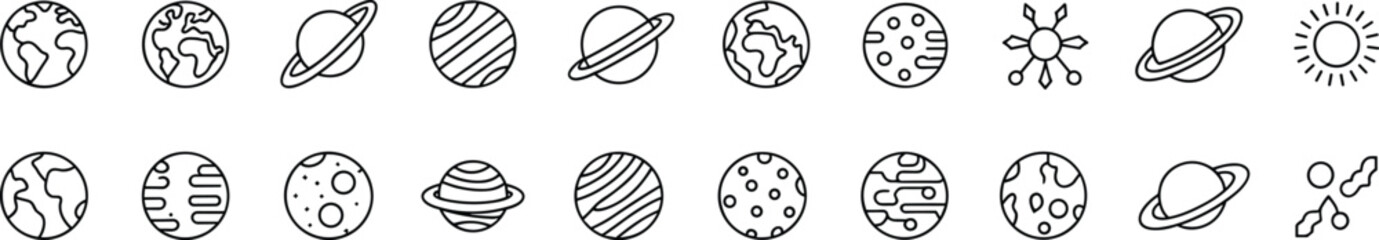 Solar system planet line icons set, earth moon saturn space astronomy symbols, outline vector illustration isolated on white background © Monjila