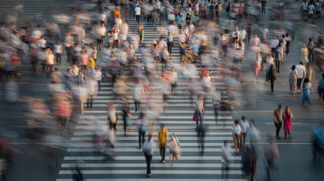 Crowd moving across a busy intersection in a city during evening hours
