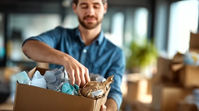 Faceless young man hands packing boxes waste paper recycling material collection activity environmental responsibility action sustainability practice moment defocused