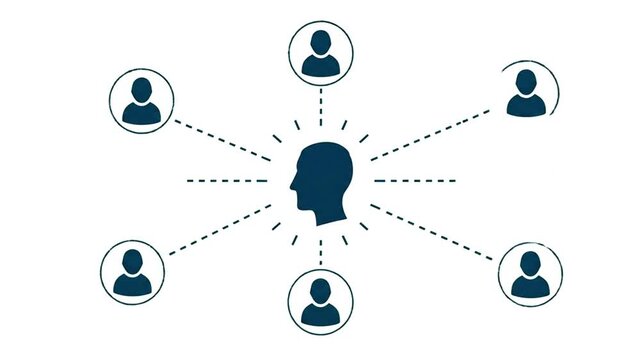 Animated silhouette of a head with radiating lines connecting to smaller person icons, representing communication, networking, and ideas. 4k Full HD Video