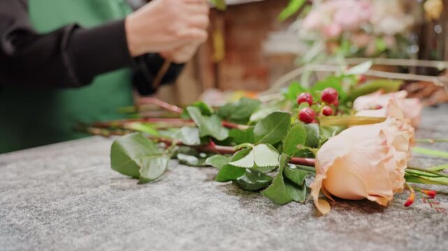 Hands florist crafting peach rose bouquet on table, arranging stems and berries with ribbon and wire, closeup of technique and precision, artisan studio setting with rustic textures and focused motion