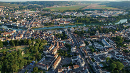 Obraz premium Aerial panoramic view above the old town around the city Château-Thierry in France on a sunny summer day. 