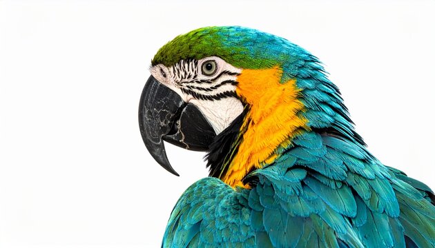 Vibrant blue and yellow macaw parrot close-up portrait with detailed feathers on white background