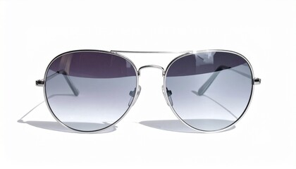 Stylish round sunglasses reflecting light on white background minimalist design