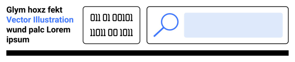 Obraz premium Online searching, data analysis, digital tools, programming, information systems, binary code. Magnifying glass over a search bar with binary numbers. Online searching and data analysis concept