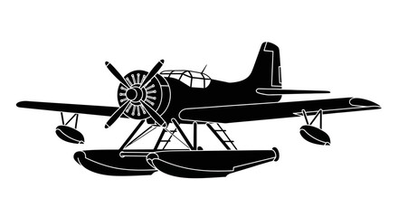 Black and white silhouette of a floatplane with radial engine and landing floats © msunny93