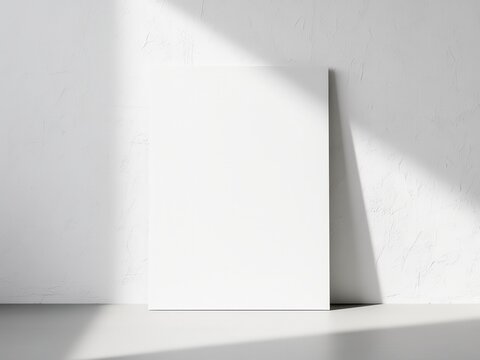 Front view of a blank white frameless canvas board mockup leaning against a textured wall with soft natural sunlight shadows