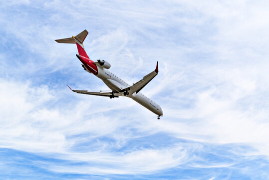Barcelona, ​​Spain; October 29, 2025: An Air Nostrum Iberia Regional Mitsubishi CRJ-1000 landing at Josep Tarradellas Barcelona-El Prat Airport.