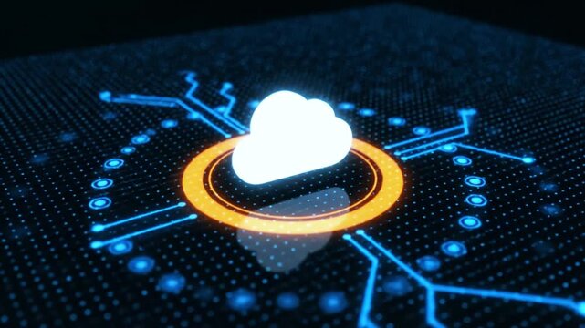 Abstract digital visualization of a glowing cloud icon within an orange ring on a dark, dot-patterned surface, symbolizing cloud computing. 4k Full HD Video