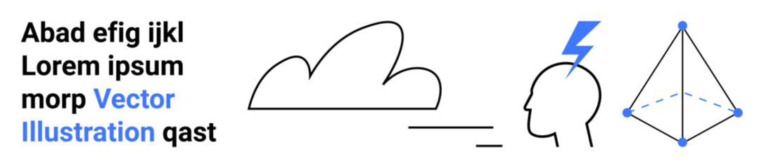 Creativity, brainstorming, innovation, cloud technology, abstract design, conceptual ideas. Minimalist cloud, head with lightning and geometric shape on white background. Innovation and creativity © robu_s