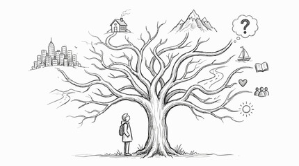 Fototapeta premium A person contemplates their life's journey represented by a branching tree of possibilities and