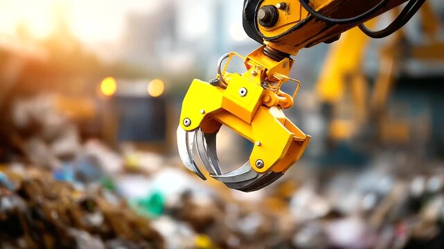Close up view mechanical arm claw crane at landfill facility waste management operation garbage disposal visualization industrial equipment display defocused site background