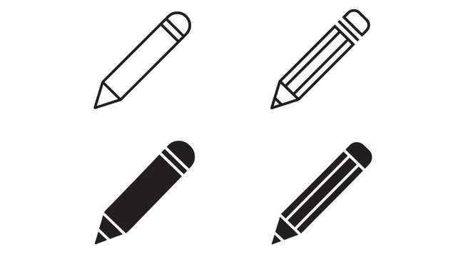 Pencils outline and solid icons with eraser detail and graphite tip for writing and drawing purposes.