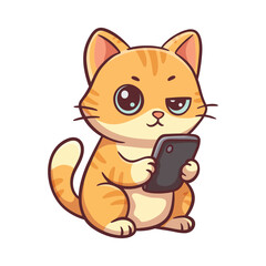 Adorable cartoon tabby kitten engrossed in a mobile device, showcasing a playful and tech-savvy pet character with big expressive eyes and a charming demeanor