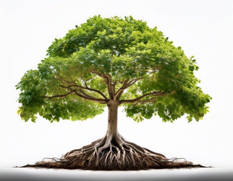 lush broadleaf tree with exposed root system suspended against a clean white background serene and grounding