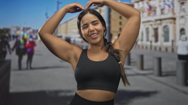 Young woman in black sportsbra forms heart with hands above head, smiling, showing arms and braid on busy city street; joy vitality.