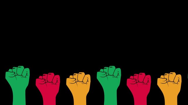 Juneteenth pan african power fists rising animation copy space for text dark background black pride movement 