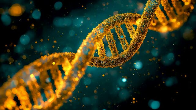 Glowing golden DNA double helix strand twisting with sparkling particles on dark blue background