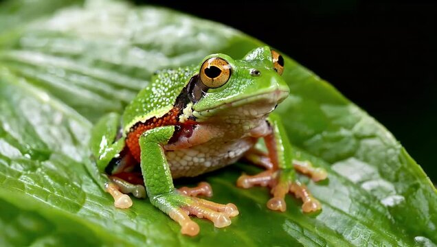 Green tree frog on a large leaf with close up details