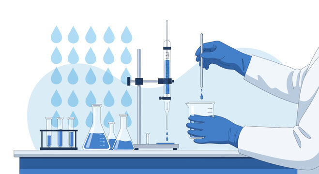Scientist performing titration experiment with blue liquid in a laboratory setting