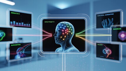 Brain with Multicolored Nodes Connected to Various Screens in Futuristic Laboratory