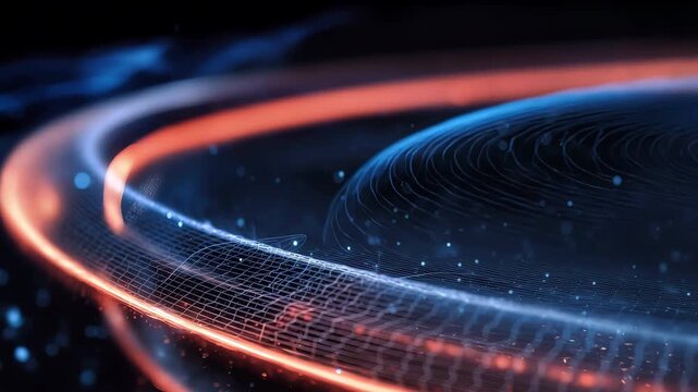 Futuristic digital data flow with orange light trails on dark background