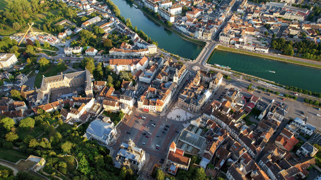Aerial panoramic view above the old town around the city  Château-Thierry in France on a sunny summer day. 