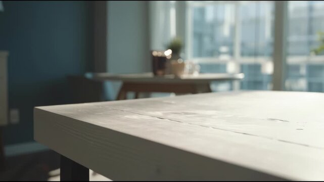 Empty wooden table with blurred background of modern living room.