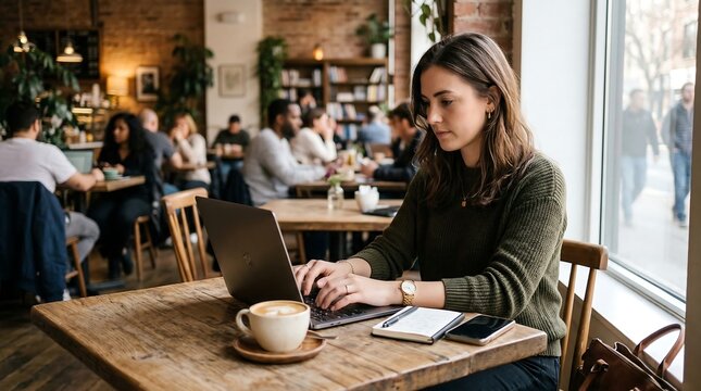 Young professional working on laptop in modern coffee shop