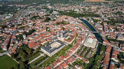 Fototapeta premium Aerial panoramic view above the old town around the city Verdun in France on a sunny summer day. 