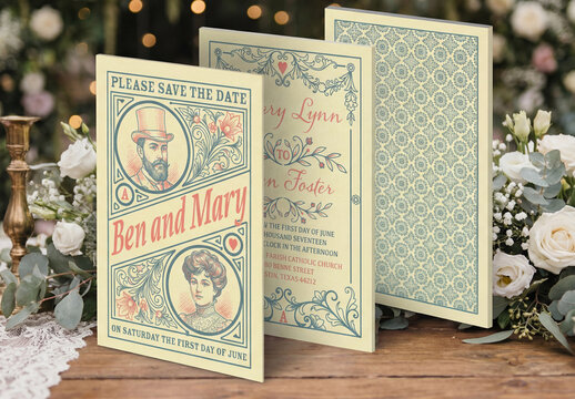 Vintage Wedding Invitation Card Mockup Set