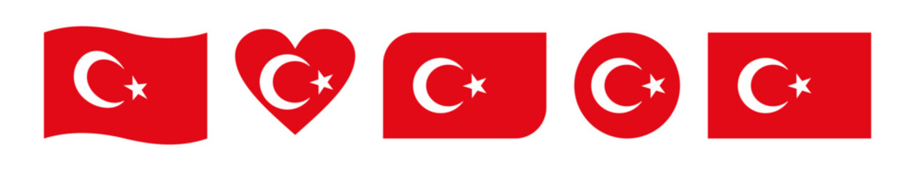 Obraz premium Set of five creative Turkey flag vector designs featuring wavy, circular, heart-shaped, rounded-corner, and rectangular styles, symbolizing national pride and patriotic celebration