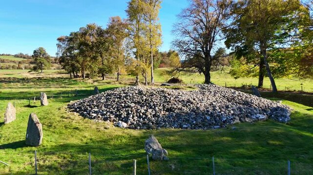 Cinematic Drone Footage of Corrimony Chambered Cairn, Ancient Neolithic Heritage Site in the Scottish Highlands
