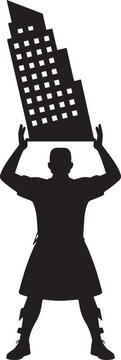 Strong person in kilt holding modern office building silhouette symbol of scottish power