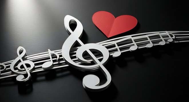 A dramatic, high-angle shot of 3D silver treble clefs and musical notes on a curved staff, accented by a red paper heart under a soft spotlight