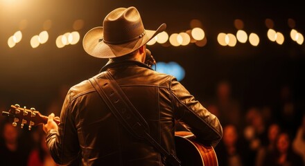 Fototapeta na wymiar Back view of a country music singer wearing a cowboy hat and leather jacket playing an acoustic guitar on stage with warm lighting
