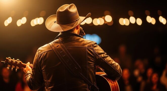 Back view of a country music singer wearing a cowboy hat and leather jacket playing an acoustic guitar on stage with warm lighting