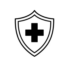 Fototapeta premium Black and white shield icon with a plus sign representing healthcare and protection ideal for medical apps and safety concepts