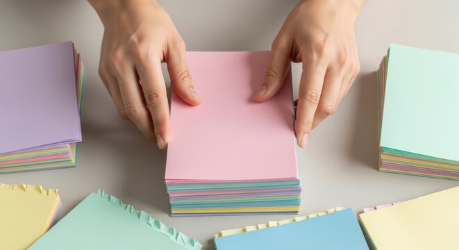 Hands organizing a stack of colorful pastel index cards or paper notes on a neutral surface