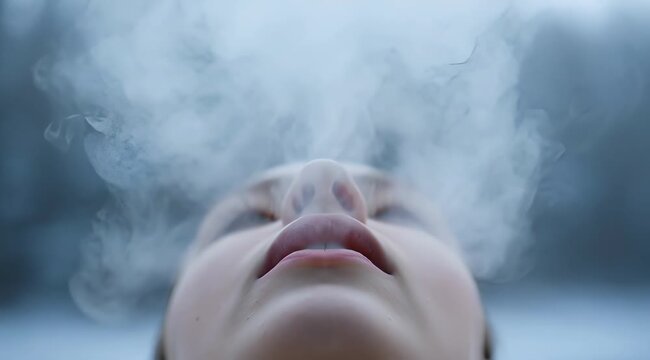 Close-up of a person exhaling visible breath in cold weather, symbolizing winter, freshness, and a moment of pause
