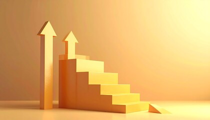 Fototapeta premium Rising staircase with upward arrows in warm gradient background, business growth and success concept