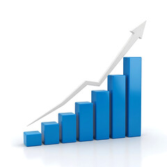 Blue 3D bar chart with upward arrow showing financial business growth isolated on white