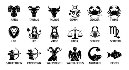 Obraz premium Collection of Zodiac Constellation Symbols and Astrology Signs.