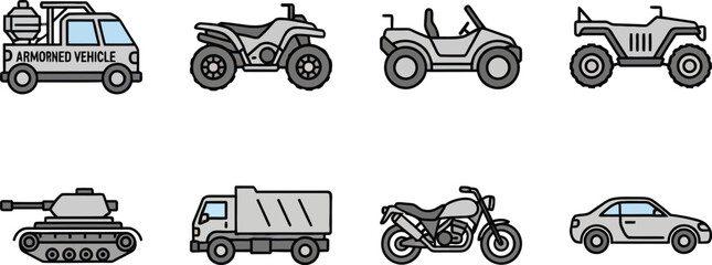 Military Off-Road Vehicle Game Icons Set Tank ATV Buggy Motorcycle Truck © DA Image