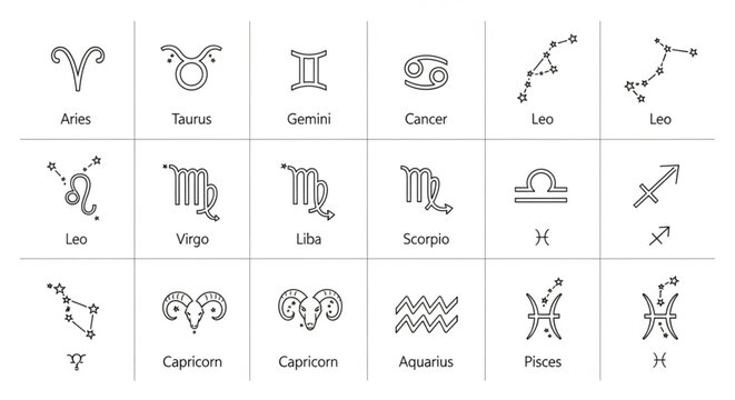 Collection of Zodiac Constellation Symbols and Astrology Signs.