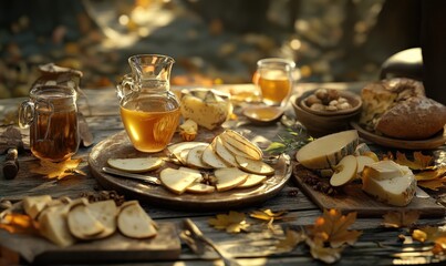 Fototapeta premium Rustic table set with spiced apple cider and fresh slices of cheese, surrounded by autumn leaves and illuminated by soft warm light 4k hyperrealistic photo