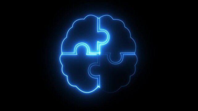Glowing neon brain puzzle icon isolated on black background representing problem solving and cognitive function. human brain icon and puzzle icon with neon effect. brain icon with puzzle piece.