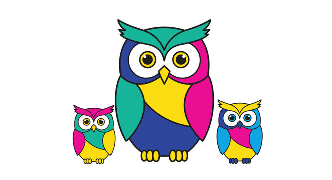 Colorful cartoon owls a parent and two owlets in a playful scene