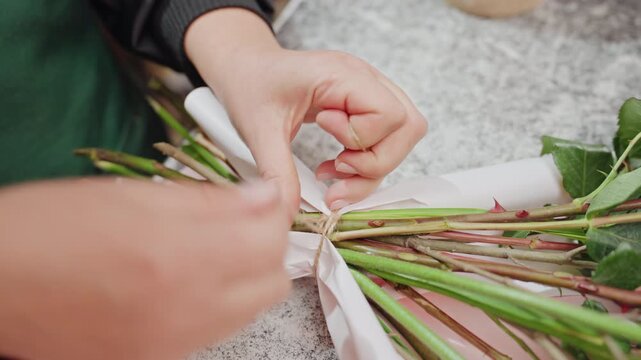 Florist hands tying twine around stems on paper wrap, closeup of knotting and binding bouquet, tactile textures of stems and cord, careful finishing in cozy workshop, focused craft and final