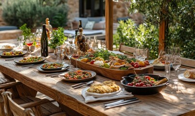 Fototapeta premium Rustic wooden dining table filled with a vibrant assortment of Mediterranean dishes, natural lighting emphasizing the textures and colors of the food